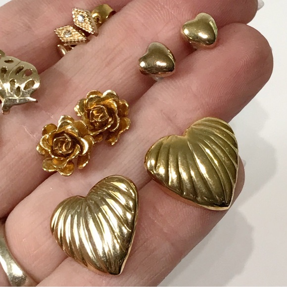 Vintage Cute Gold Stud Earring Lot 5 Puffy Heart Avon Butterfly 3D Rose 80s 90s - Picture 10 of 12